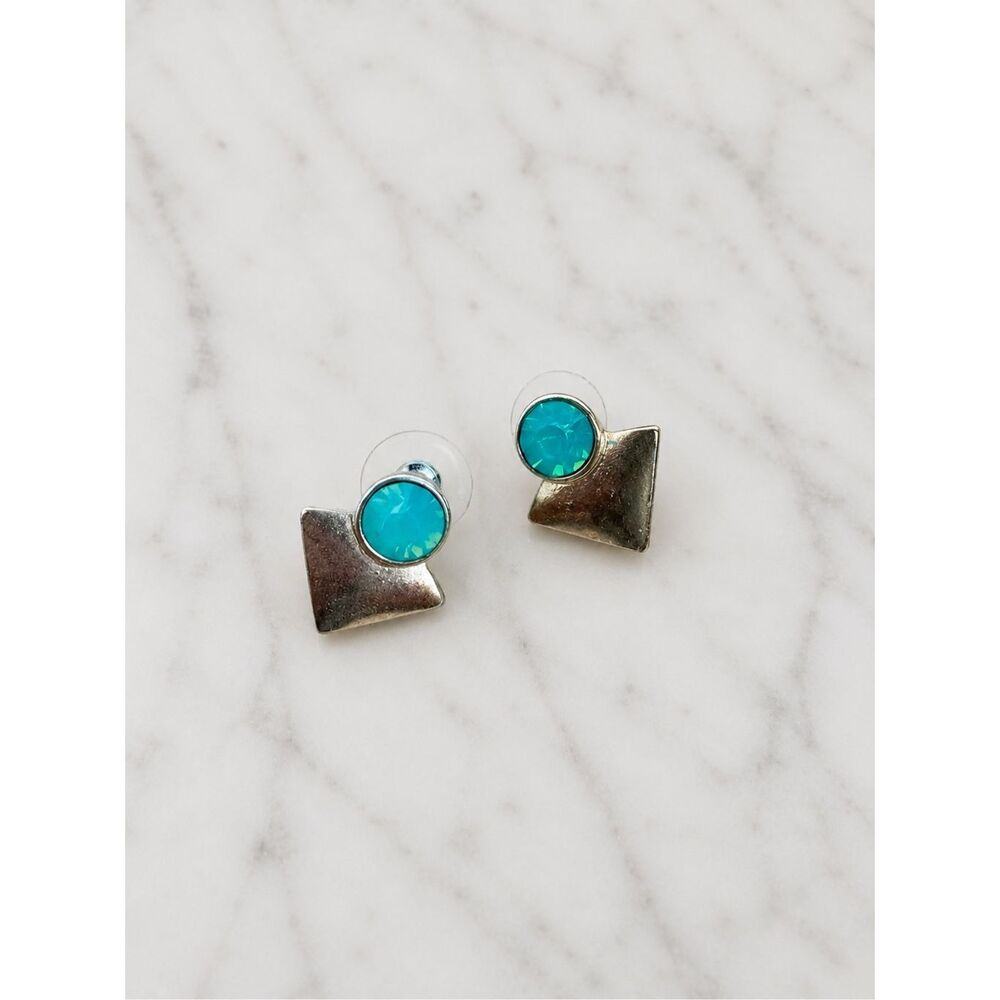 Gold Tone Art Deco Turquoise Stud Earrings Retro Costume Jewelry